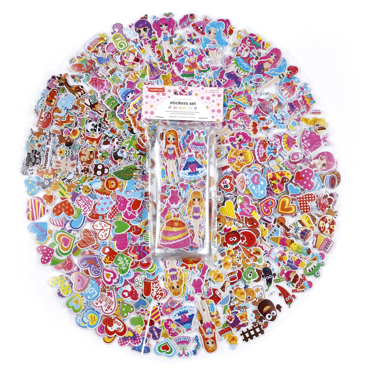 Incraftables Puffy Stickers for Girls (48 Sheets). Self Adhesive Puffy Stickers for Toddlers w/ Hearts, Animals, Princesses, Cloths, Food, Emojis & More. Bulk Reusable 3D Stickers for Girls.